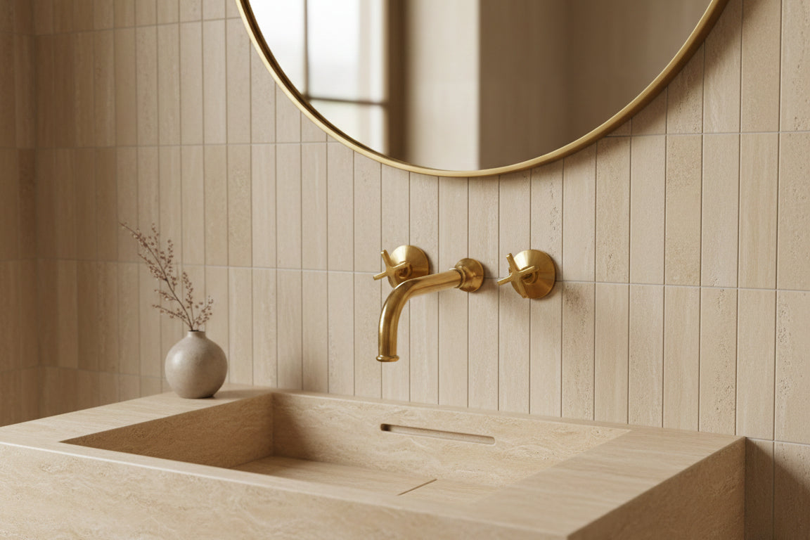 Beige stone integrated sink with wall-mounted brass faucet and round mirror