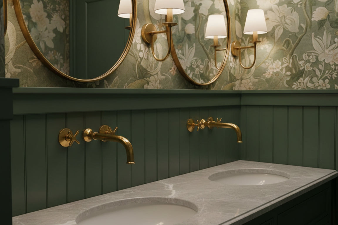 Double marble vanity with brass wall-mounted faucets and round mirrors