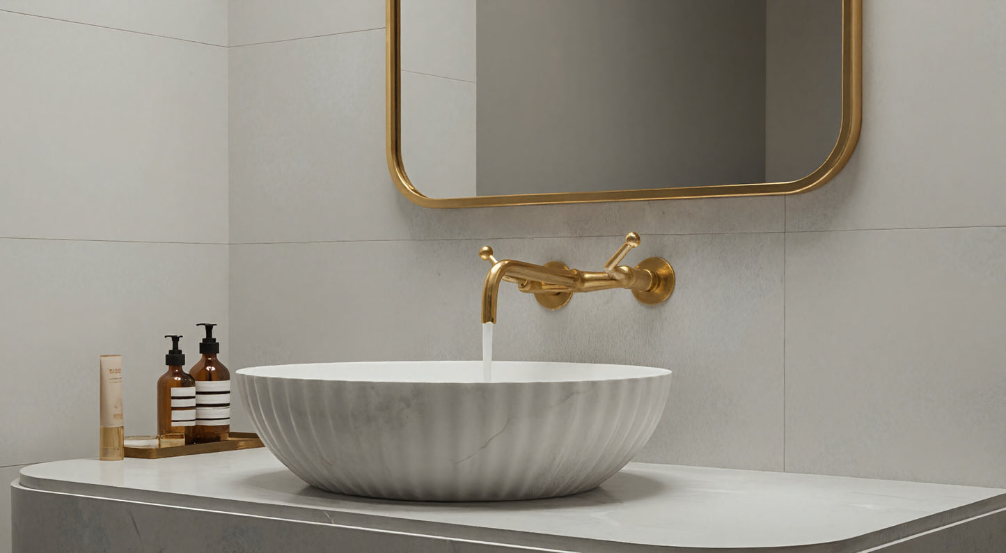 Wall-mounted brass faucet over marble vessel sink with brass mirror.