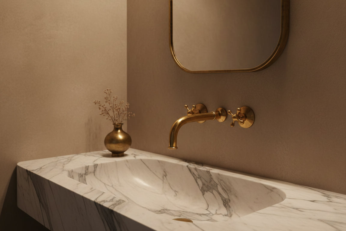 Marble integrated sink with brass wall mixer and decorative vase
