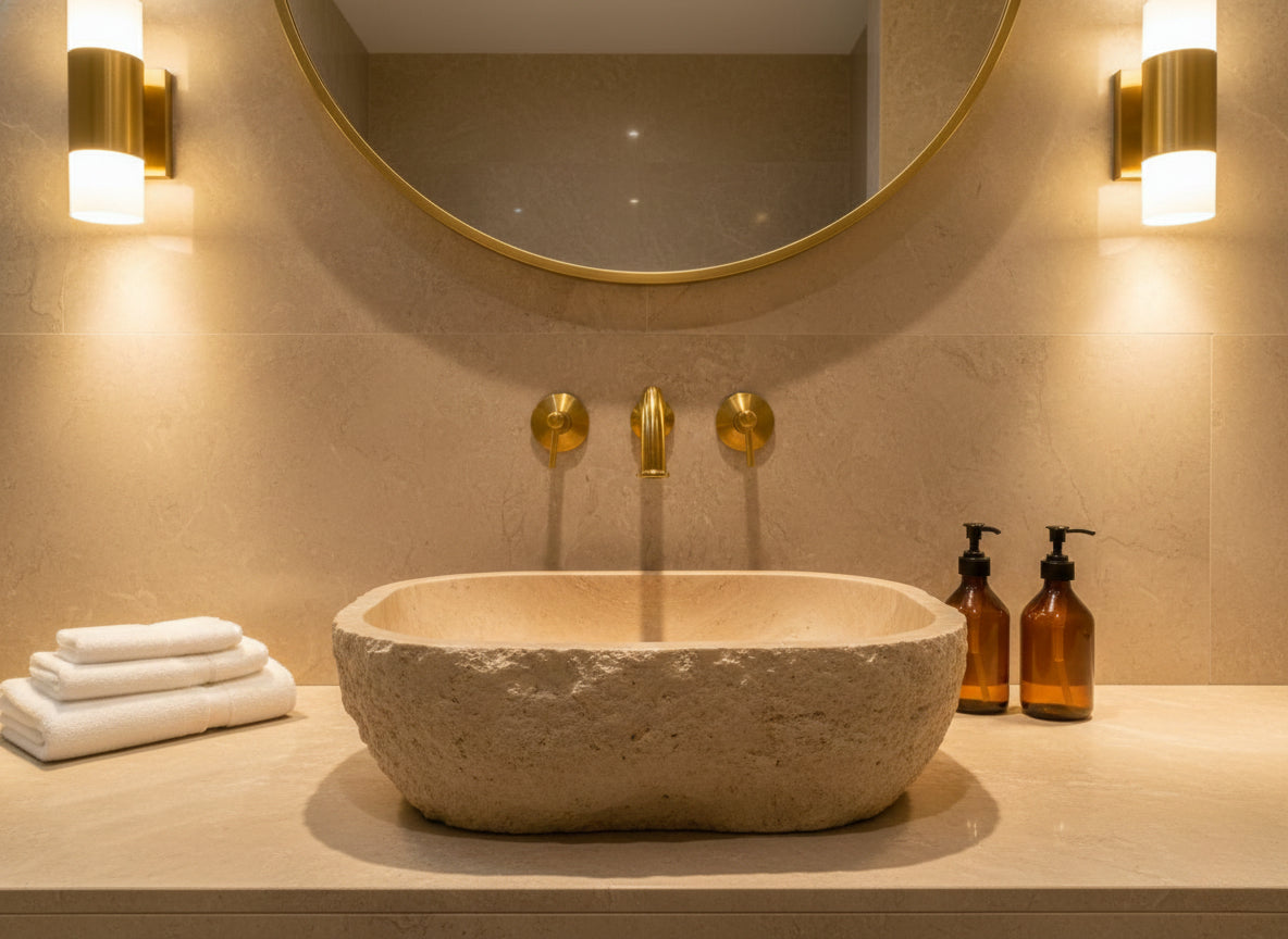 Stone basin with brass wall faucet and warm lighting