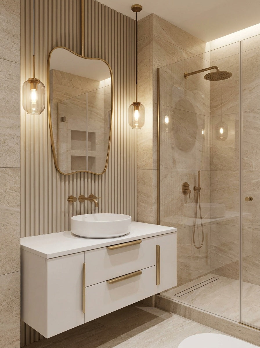 Wavy brass mirror above modern bathroom vanity with pendant lights.