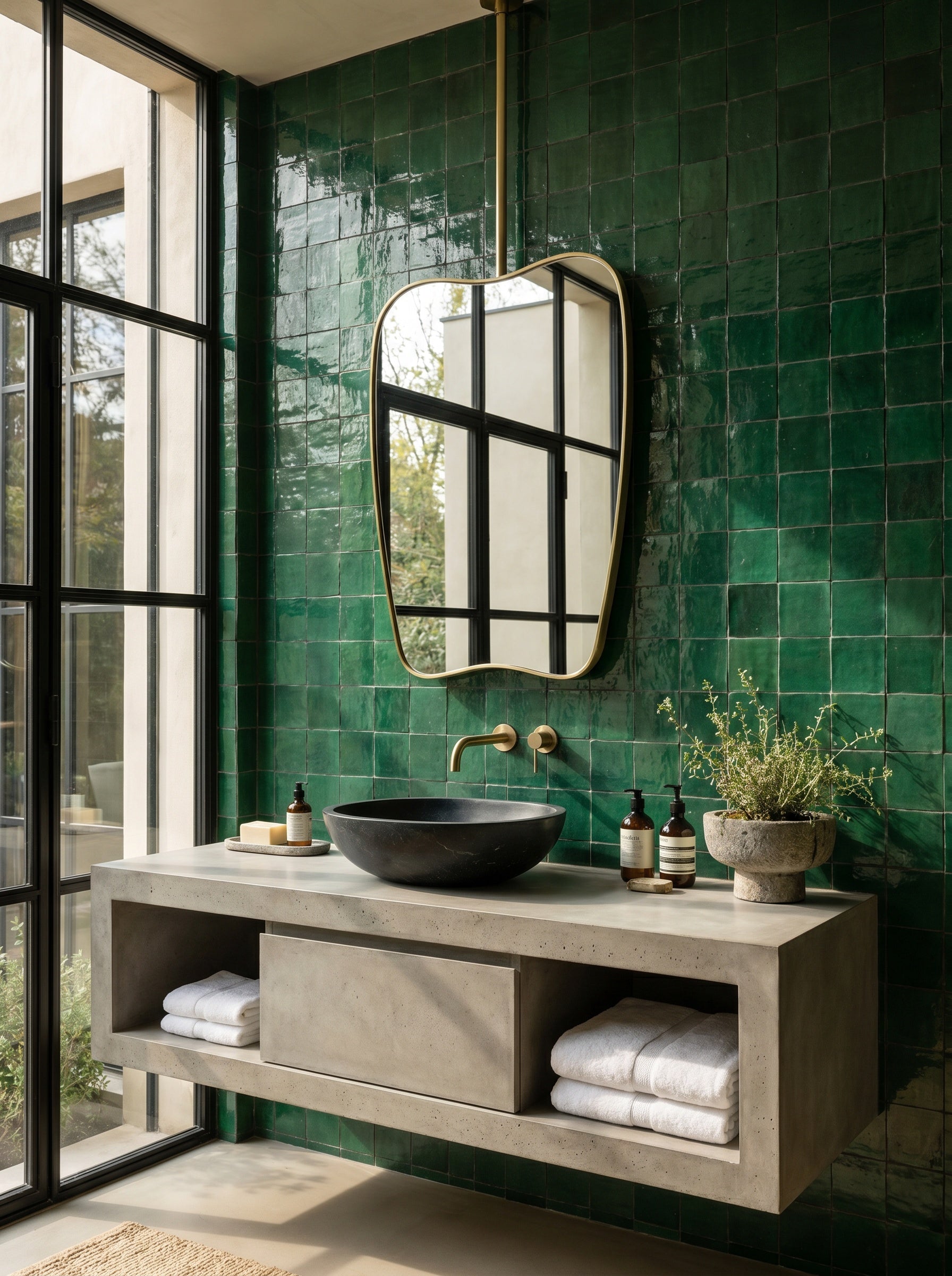 Organic suspended brass mirror above a floating concrete vanity with emerald green zellige tiles and a black vessel sink.