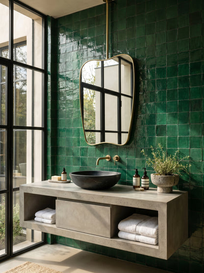 Organic suspended brass mirror above a floating concrete vanity with emerald green zellige tiles and a black vessel sink.
