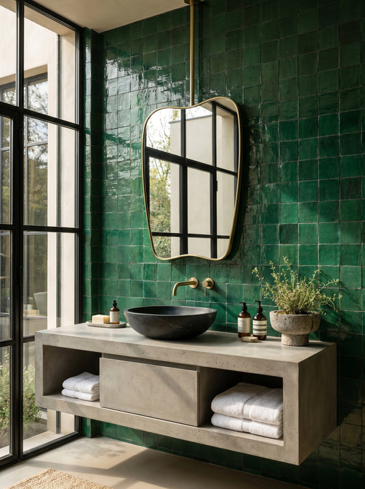 Organic suspended brass mirror above a floating concrete vanity with emerald green zellige tiles and a black vessel sink.