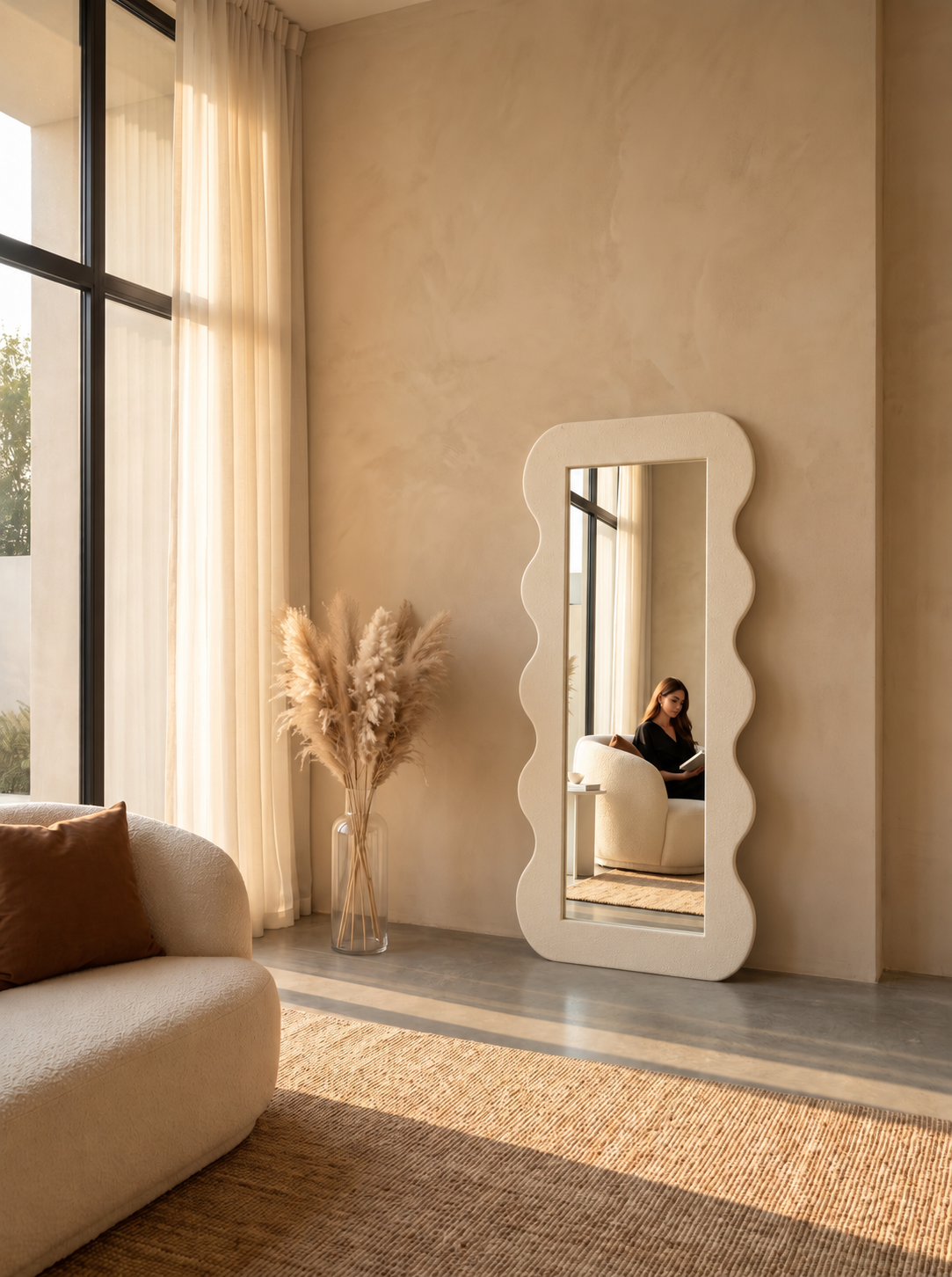 A tall, floor-length standing mirror with a wavy scalloped white frame leans against a beige plaster wall in a sunlit modern room. The mirror reflects a person sitting in a chair, while the room itself features a cream sofa, a vase of pampas grass, and a woven rug.