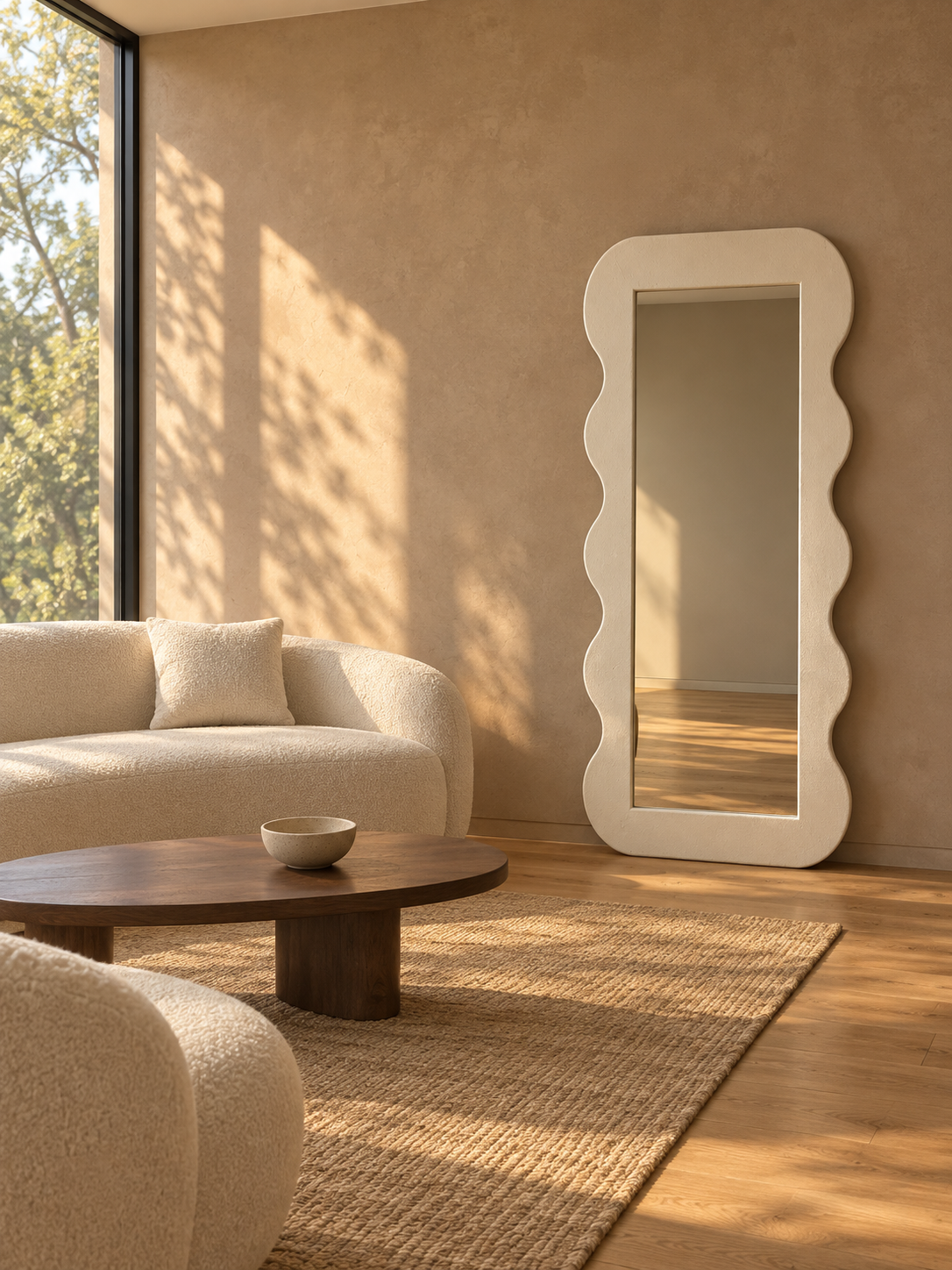A tall floor mirror with a wavy scalloped white frame stands in a sunlit living room next to a cream boucle sofa and a round wooden coffee table.