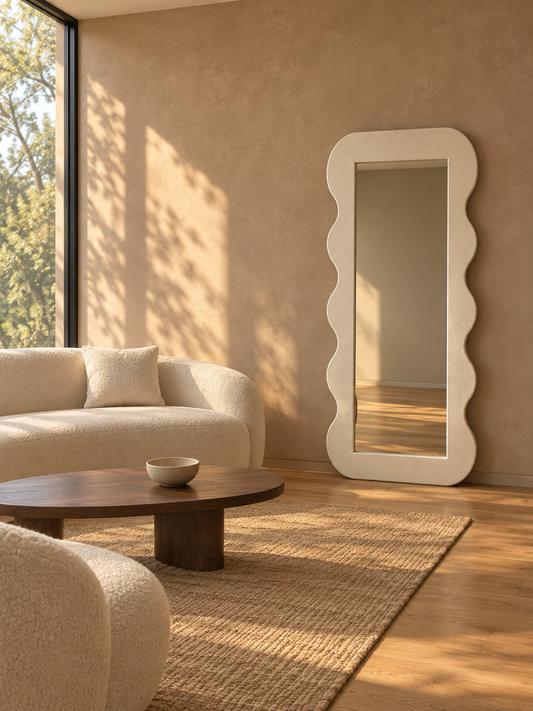 A tall floor mirror with a wavy scalloped white frame stands in a sunlit living room next to a cream boucle sofa and a round wooden coffee table.