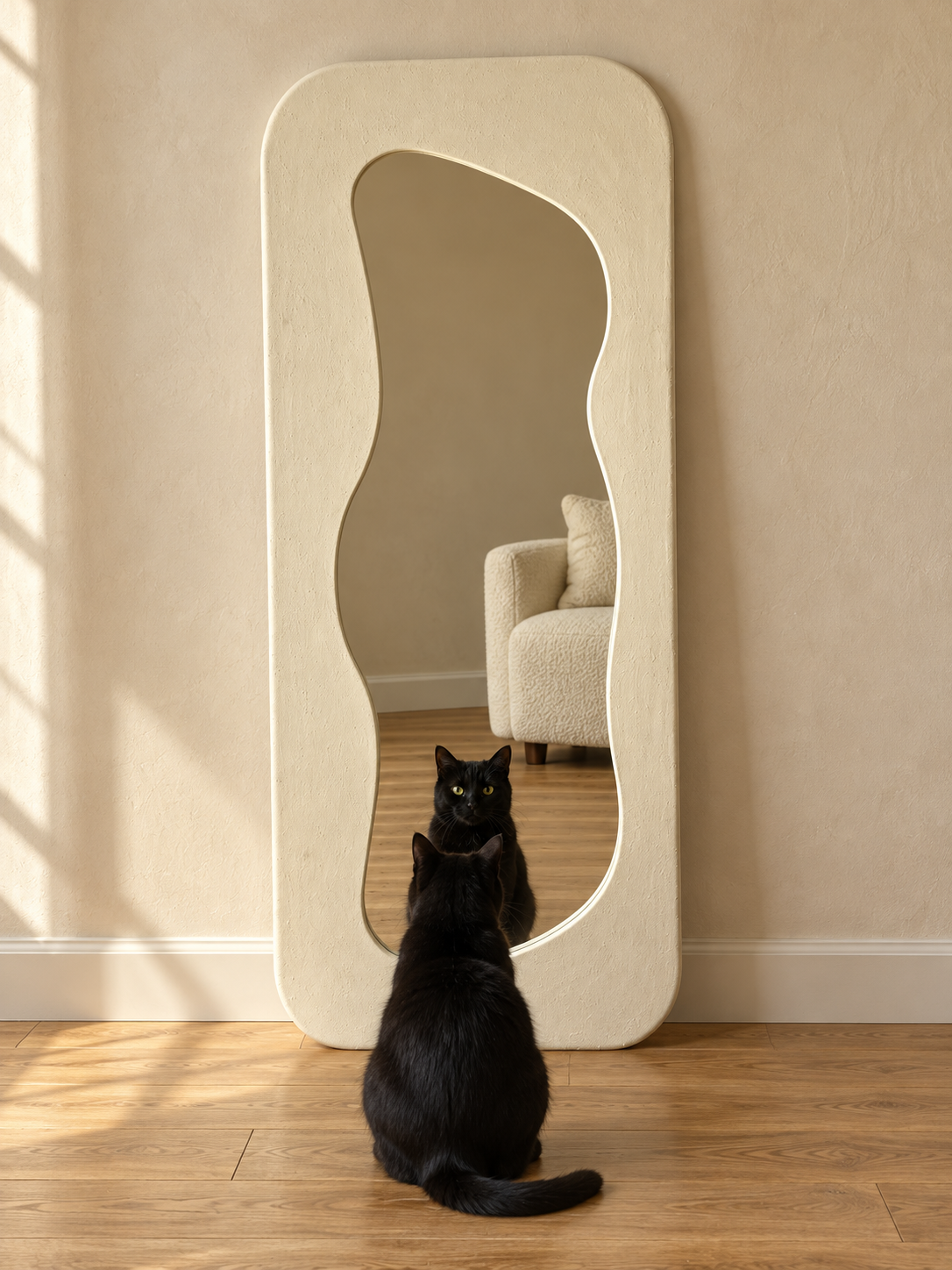 A tall, wavy-edged floor mirror with a cream-colored frame stands on a wooden floor against a beige wall. A black cat sits in front of the mirror, looking at its reflection, which shows a cream armchair in the room.
