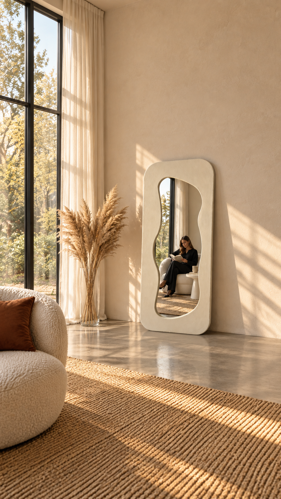 A tall, floor-length full-length mirror with an organic wavy frame stands in a sunlit room next to a large window. The mirror reflects a person sitting on a bench, while the room features warm beige walls, a textured woven rug, and a pampas grass arrangement in a vase.