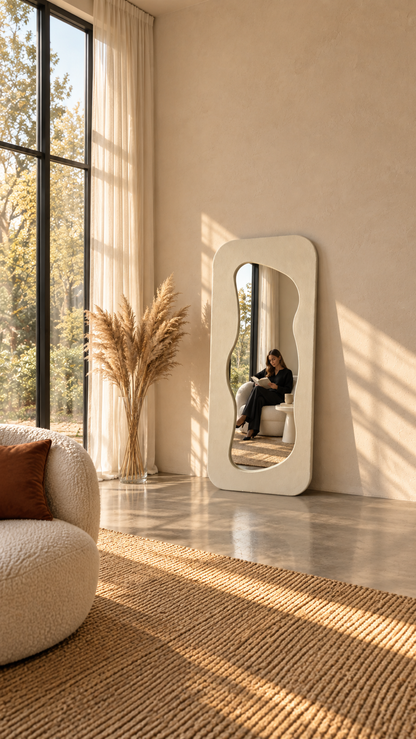 A tall, floor-length full-length mirror with an organic wavy frame stands in a sunlit room next to a large window. The mirror reflects a person sitting on a bench, while the room features warm beige walls, a textured woven rug, and a pampas grass arrangement in a vase.