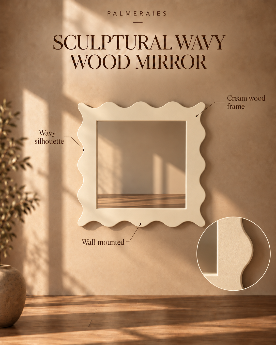Cream wavy wood wall mirror with a scalloped frame, mounted on a warm beige wall with decorative text and a circular detail inset showing the wood grain.