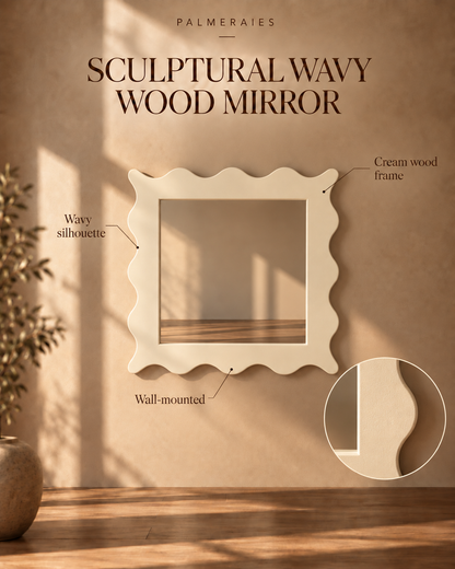 Cream wavy wood wall mirror with a scalloped frame, mounted on a warm beige wall with decorative text and a circular detail inset showing the wood grain.