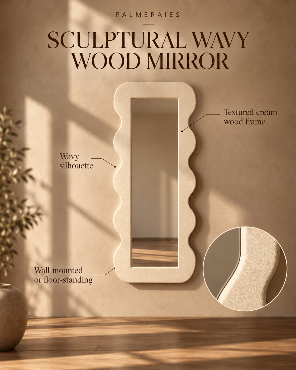 A wall-mounted wavy wood mirror with a textured cream-colored frame, shown in a styled interior setting with text callouts and a circular detail inset. The image includes the brand name Palmeries and the product title 'Sculptural Wavy Wood Mirror'.