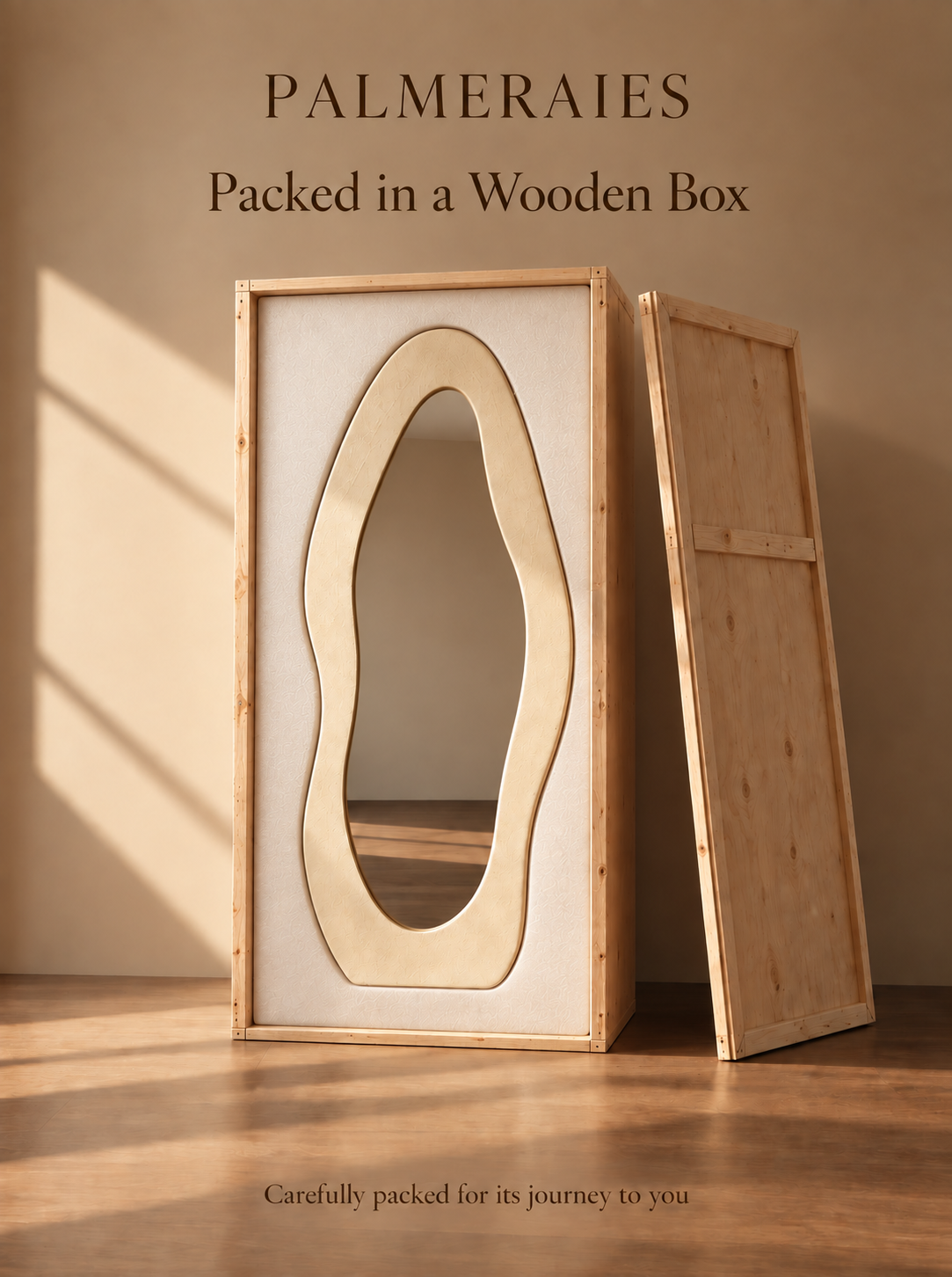 A framed mirror with an organic wavy mirror glass insert, shown inside a light natural wood presentation box, with the back panel leaning beside it. The scene is set in a warm, minimalist room with a wooden floor and beige wall, featuring the text 'PALMERAIES Packed in a Wooden Box' at the top and 'Carefully packed for its journey to you' at the bottom.