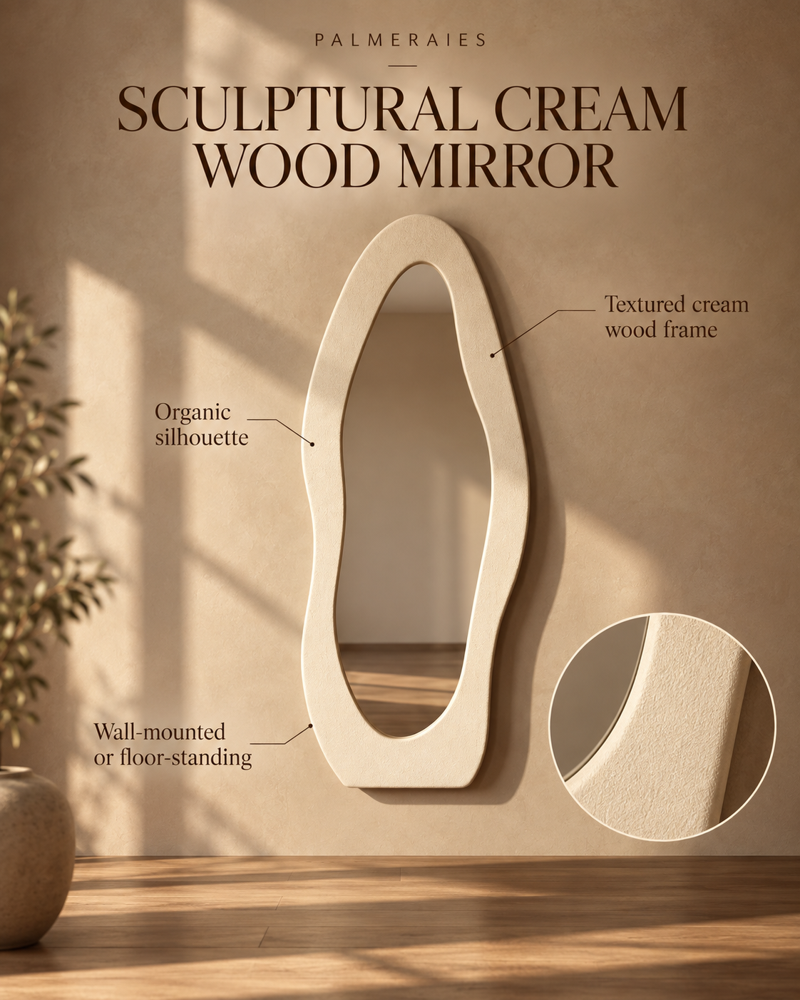 An organic-shaped cream wood wall mirror with a textured frame, shown mounted on a beige wall with text callouts and a circular inset detail of the wood grain.