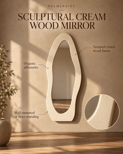 An organic-shaped cream wood wall mirror with a textured frame, shown mounted on a beige wall with text callouts and a circular inset detail of the wood grain.