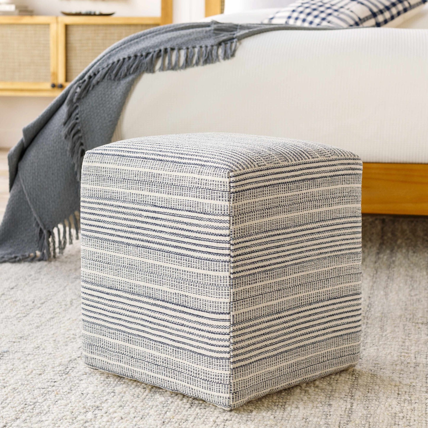 Waterfall Woven Cotton Pouf Comfort And Texture In Ivory And Light Blue