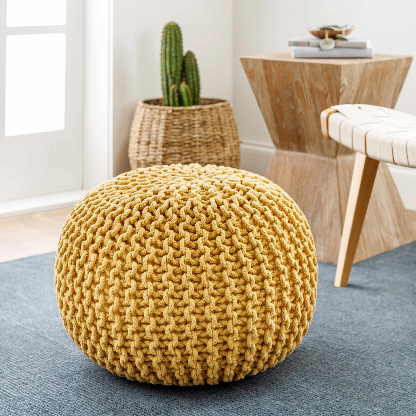 Yablanitsa Knitted Pouf In Mustard Orange For Living Rooms