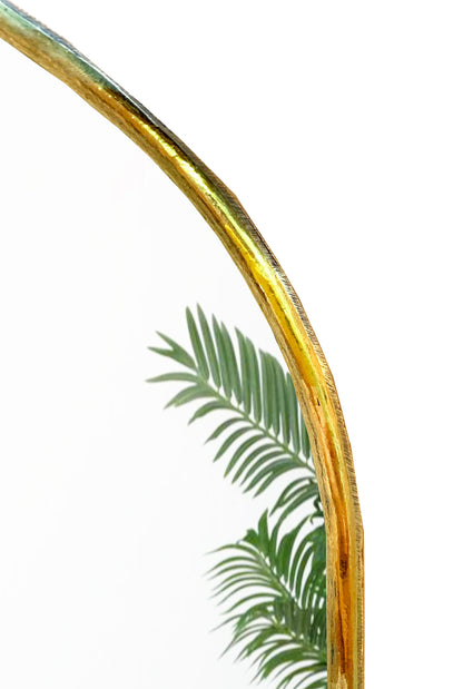 a palm tree branch with a mirror in the background