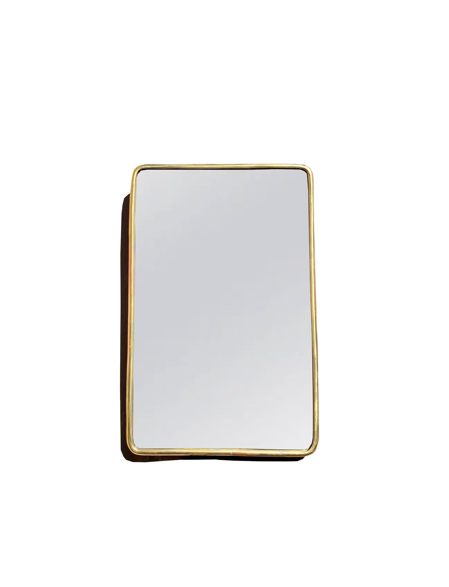 a brass mirror with a gold frame on a white background