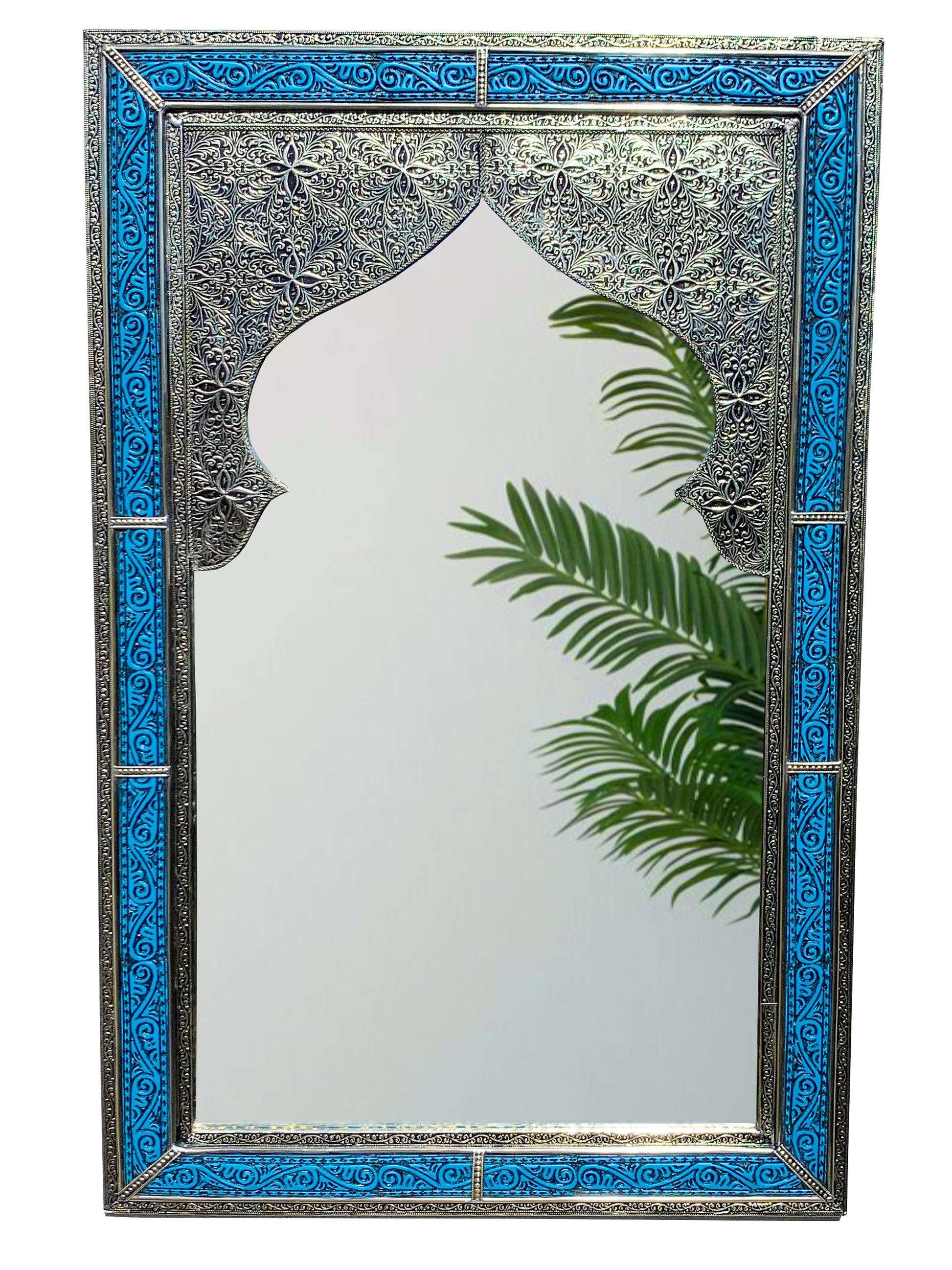 a mirror with a blue border around it