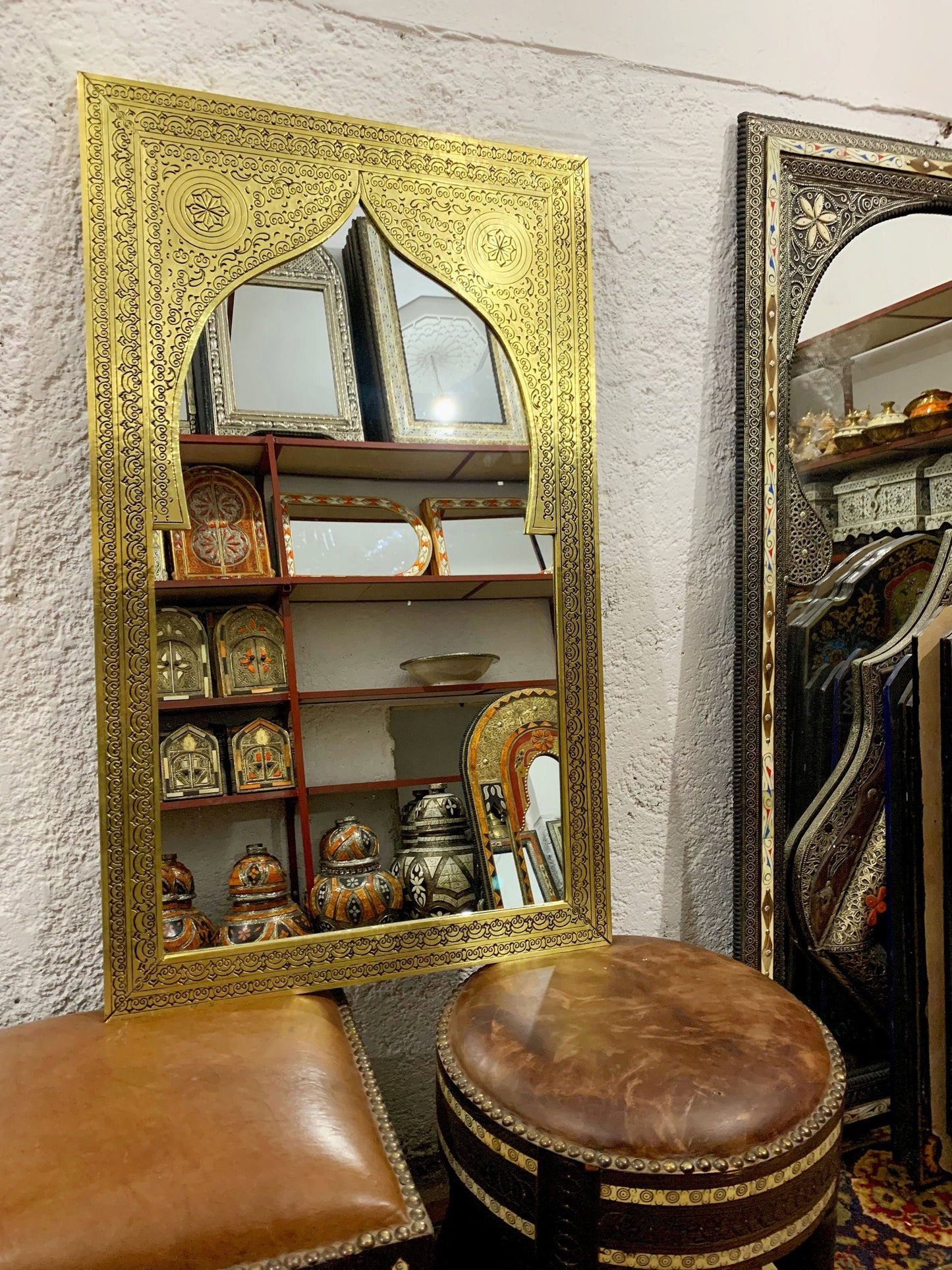 custom Moroccan Handmade Carved Arch Brass Mirror