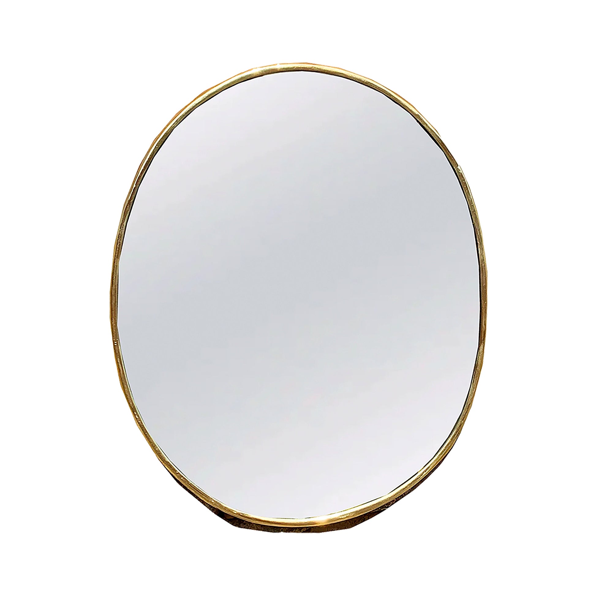 a round mirror with a gold rim on a white background