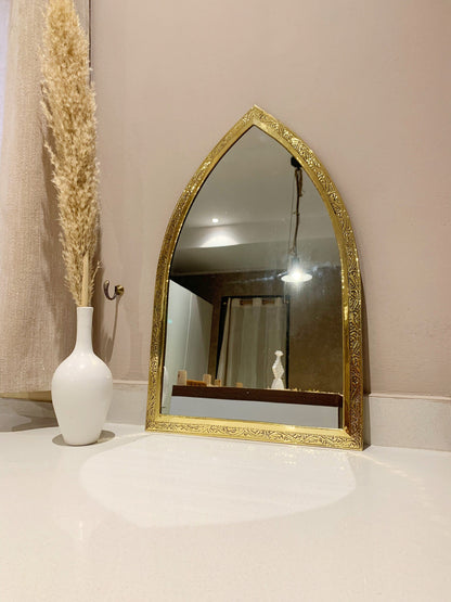 Golden Handmade Wall Mirror - Arch Brass Engraved Mirror