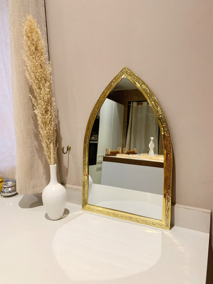 Golden Handmade Wall Mirror - Arch Brass Engraved Mirror