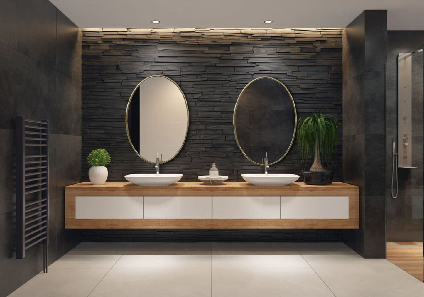 a bathroom with two sinks and a large mirror