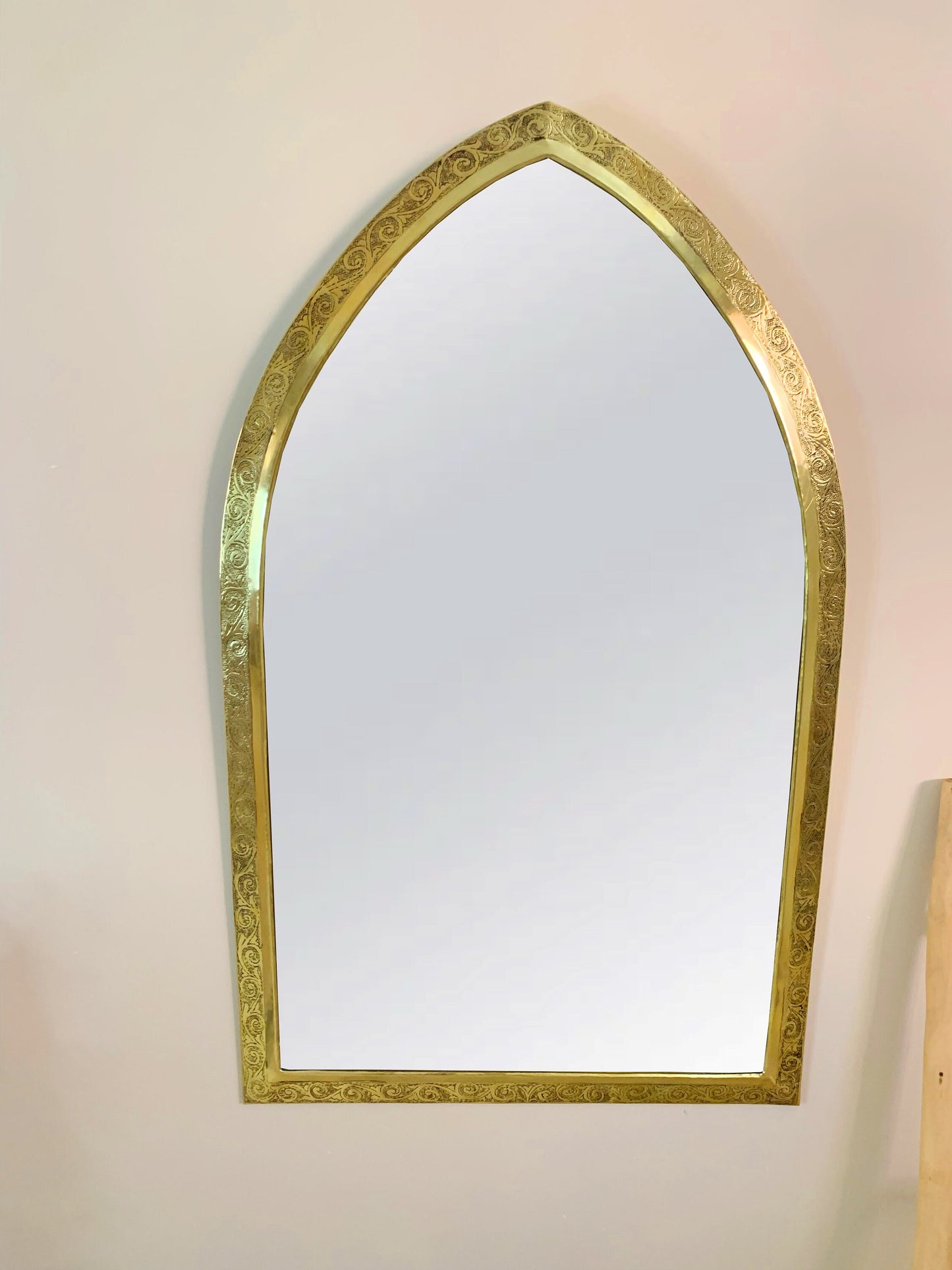 Golden Handmade Wall Mirror - Arch Brass Engraved Mirror