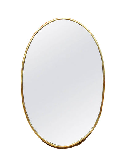 a round mirror with a gold rim on a white background