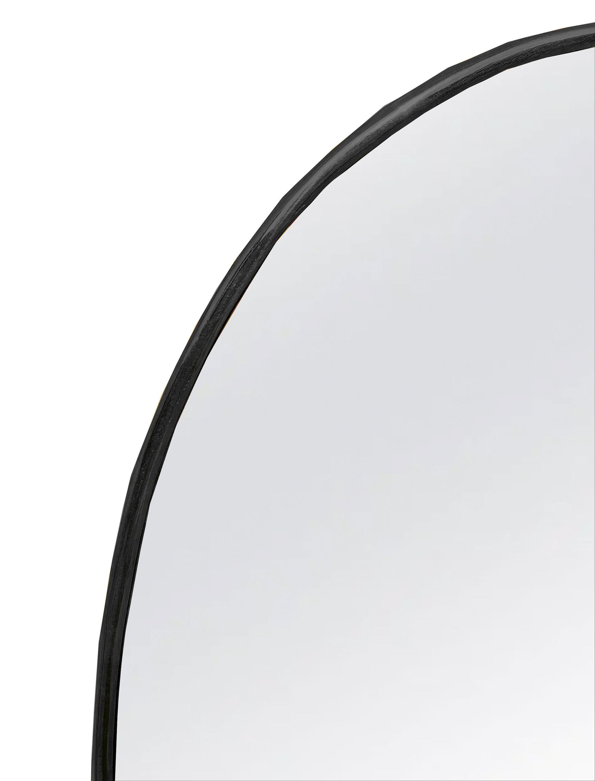 a curved mirror with a black frame on a white background