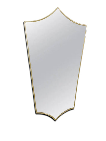 a brass mirror with a gold frame on a white background