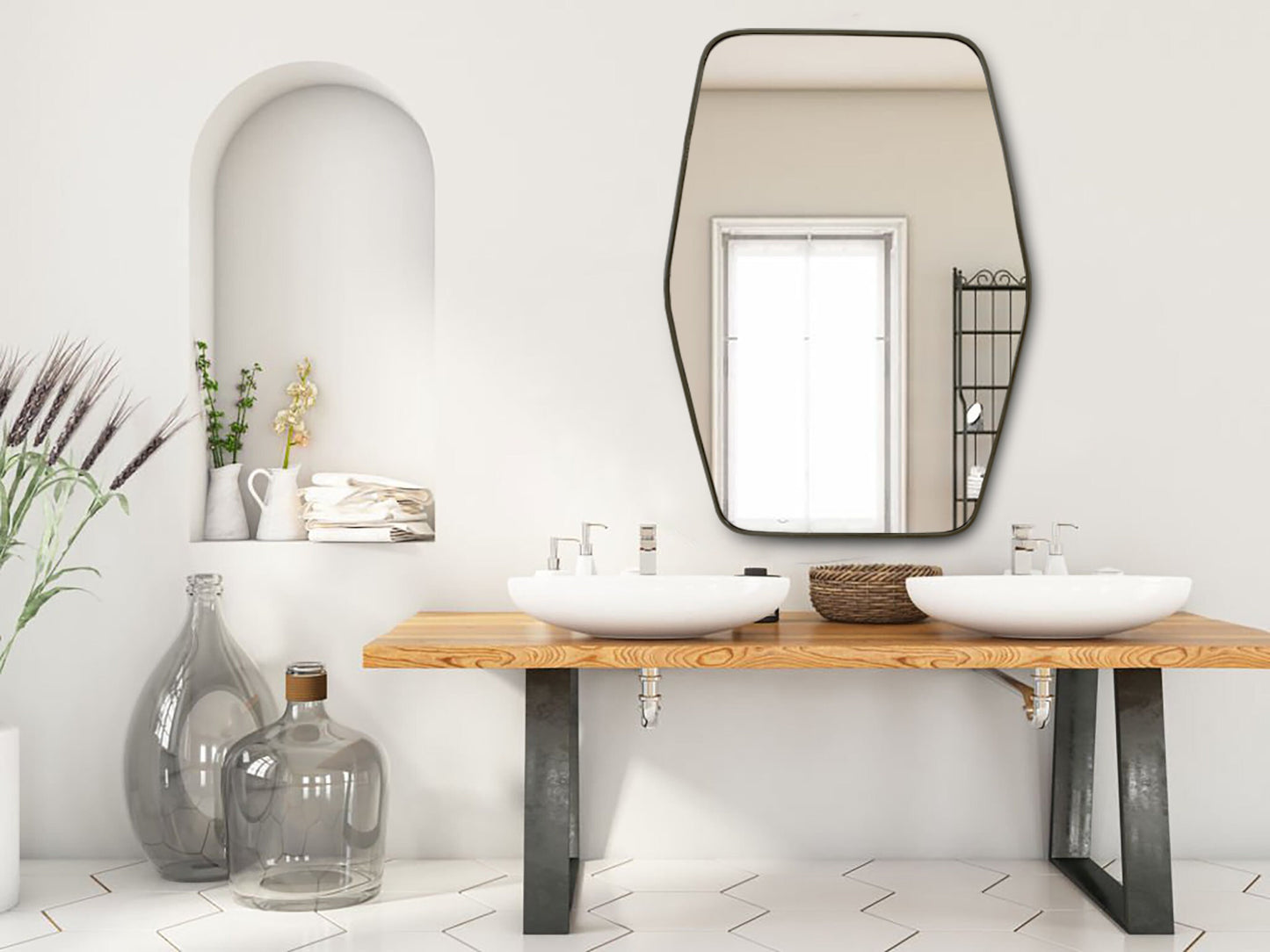 a bathroom with two sinks and a large mirror