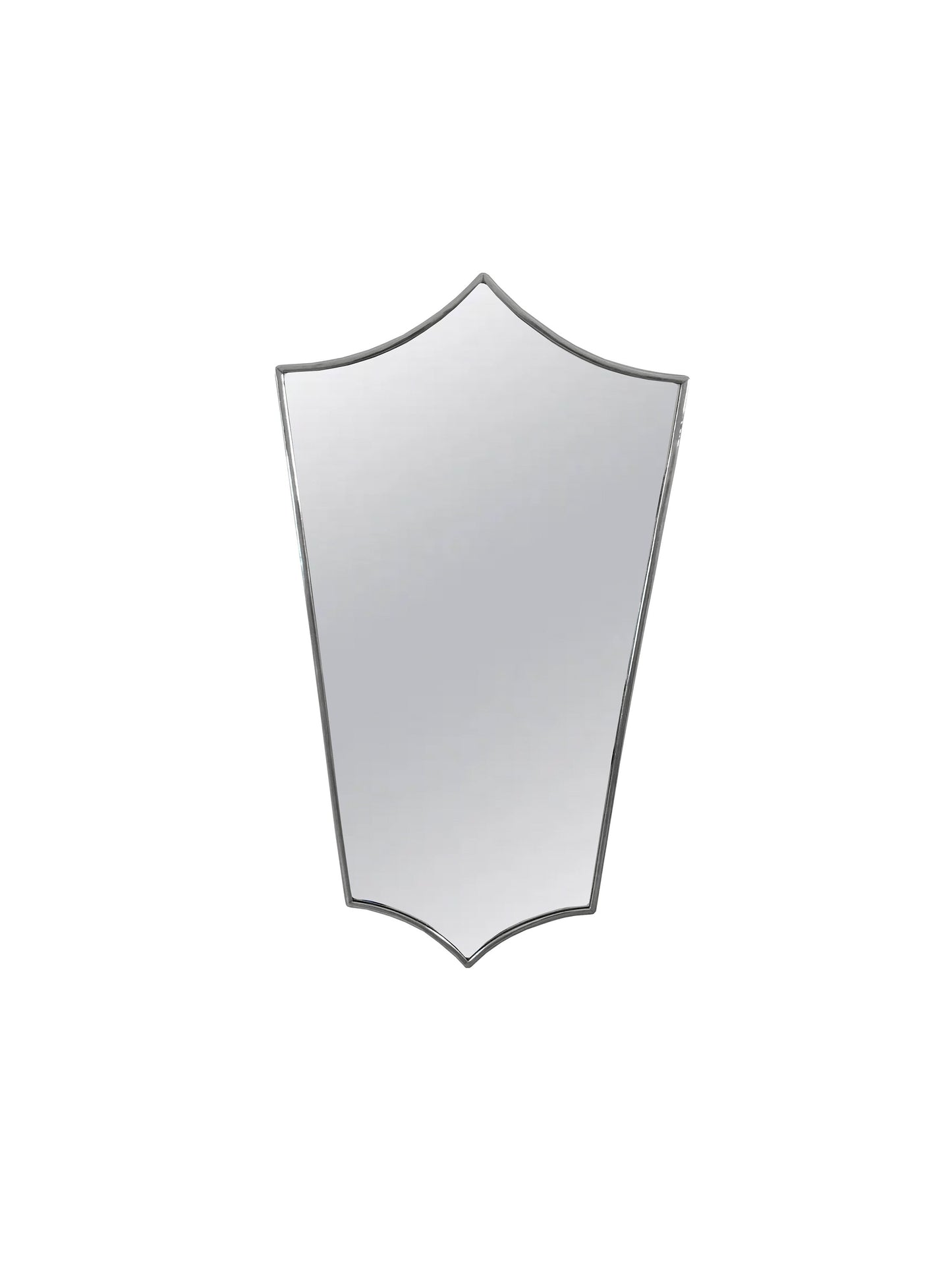 a white shield shaped mirror on a white wall