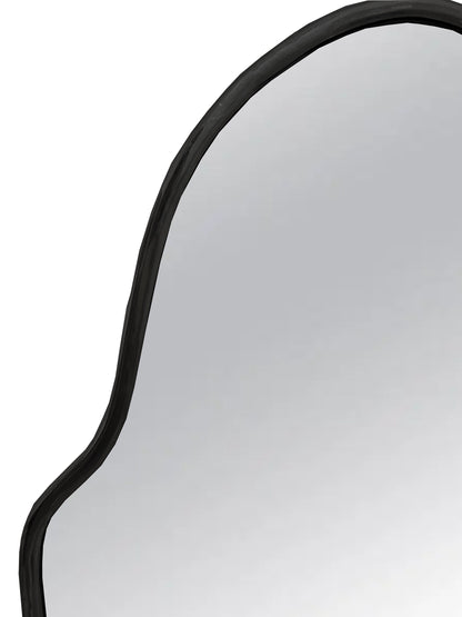 a mirror with a curved black frame on a white background