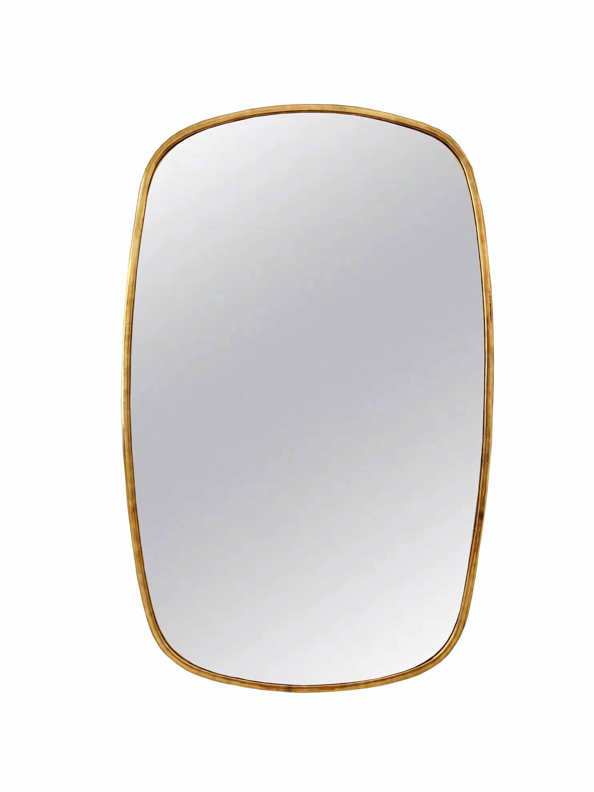 a square mirror with a gold frame on a white background