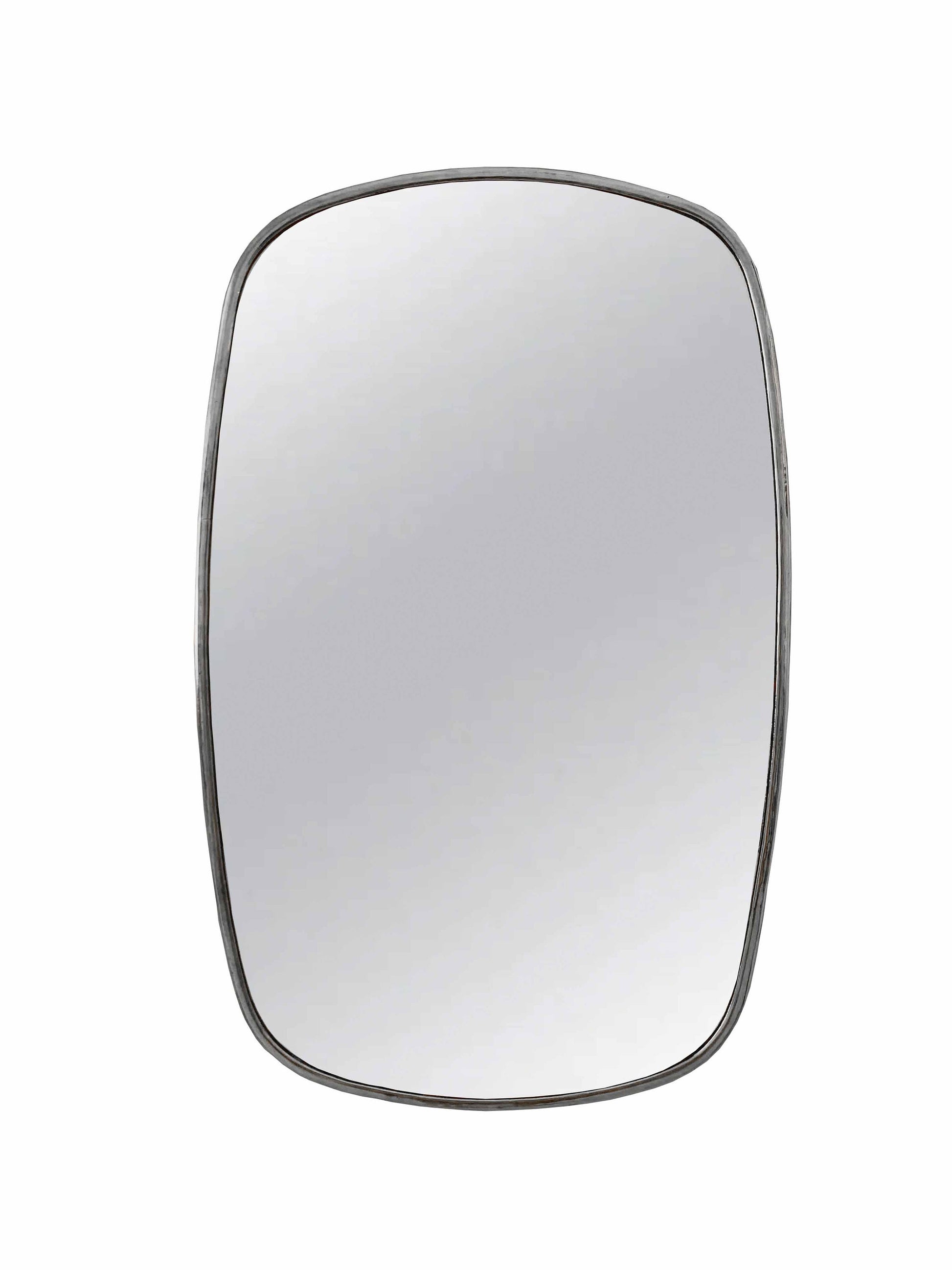 a square mirror with a silver frame on a white background