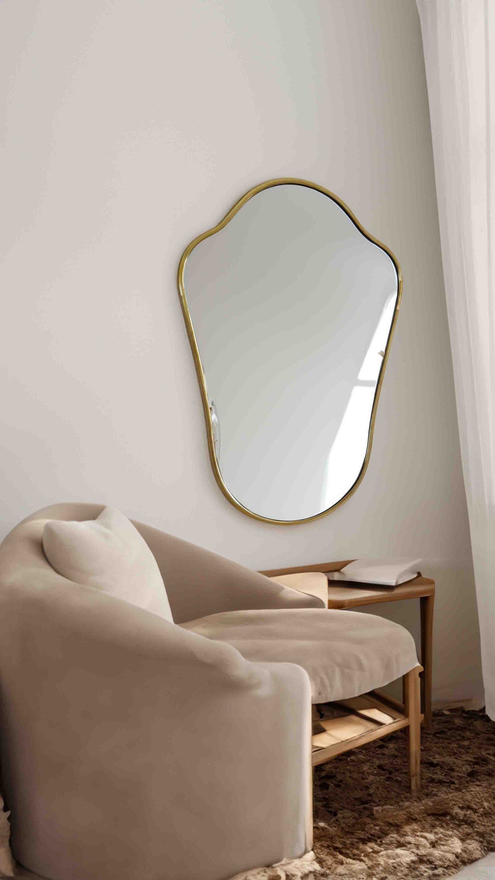 a living room with a couch and a mirror