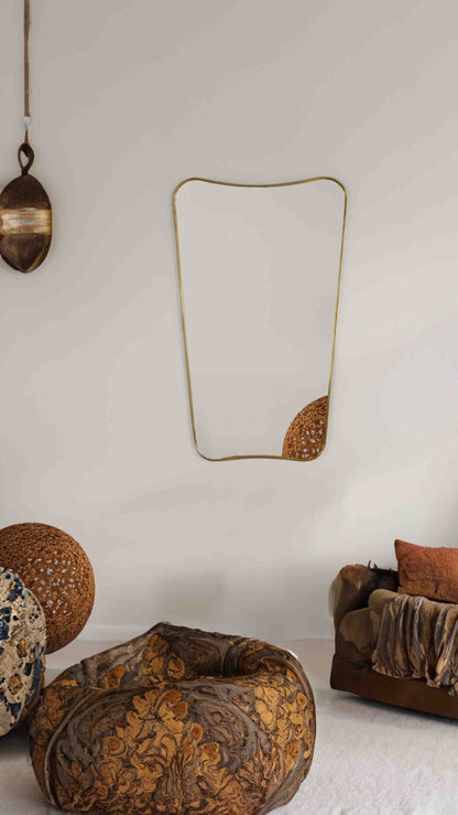 Italian Curved Unlacquered Brass Mirror - Butterfly Wall Mirror