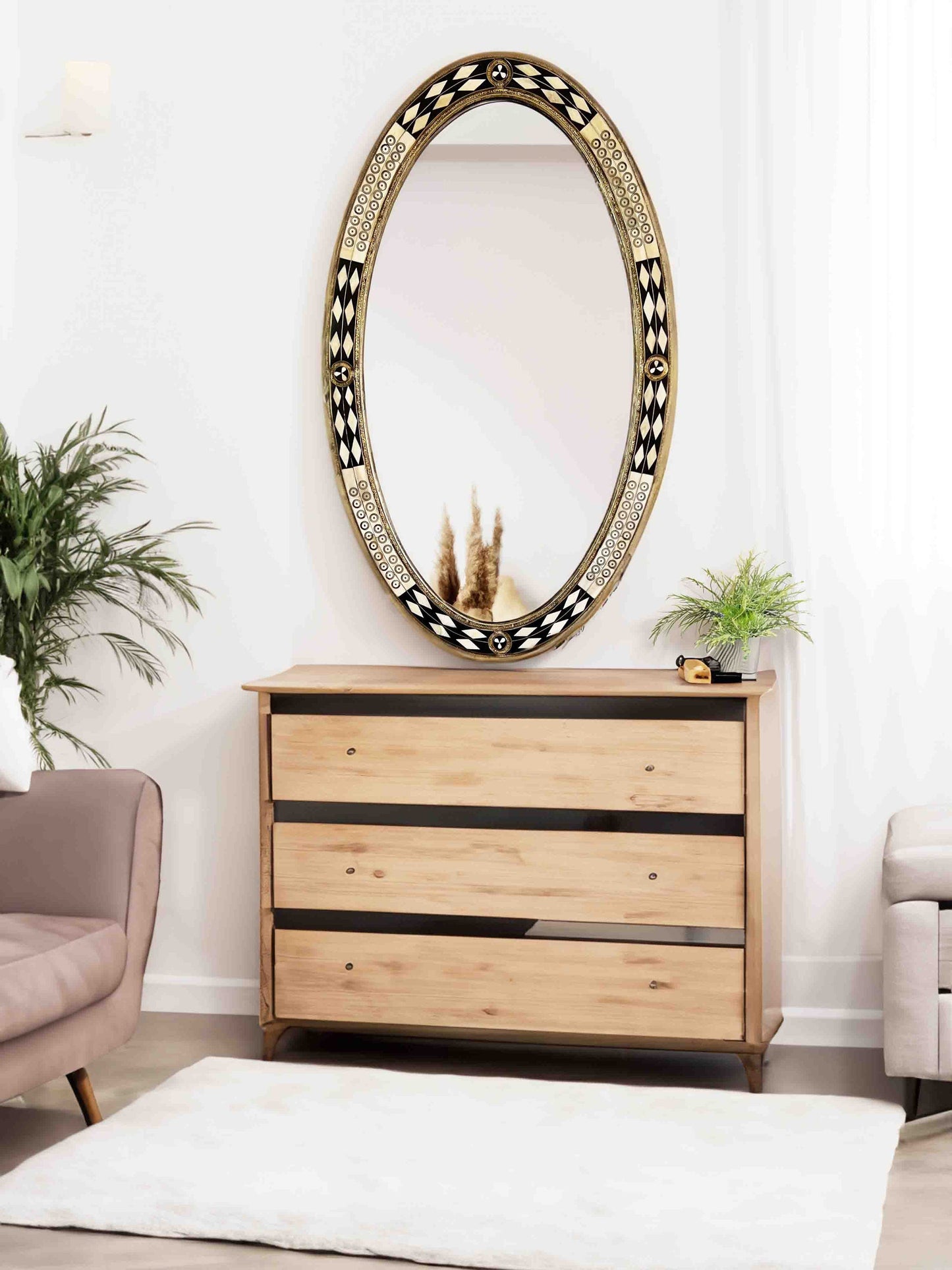 a dresser with a mirror on top of it